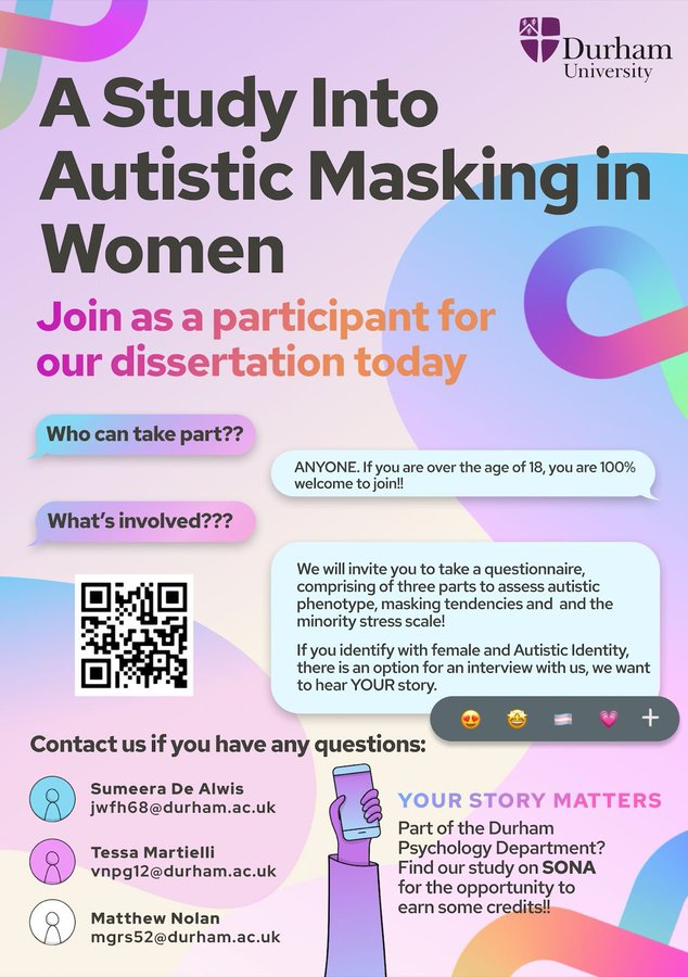 Dr Sophie Hodgetts (@drshodgetts) on Twitter photo Myself and <a href="/DrAmyPearson/">Amy Pearson</a> are supervising some students who are interested in autistic masking. Anyone 18+ can take part (autistic/non-autistic, any gender), BUT if you are an autistic woman there is also the option to take part in an interview. QR/link below for more info! 1/2 Myself and <a href="/DrAmyPearson/">Amy Pearson</a> are supervising some students who are interested in autistic masking. Anyone 18+ can take part (autistic/non-autistic, any gender), BUT if you are an autistic woman there is also the option to take part in an interview. QR/link below for more info! 1/2