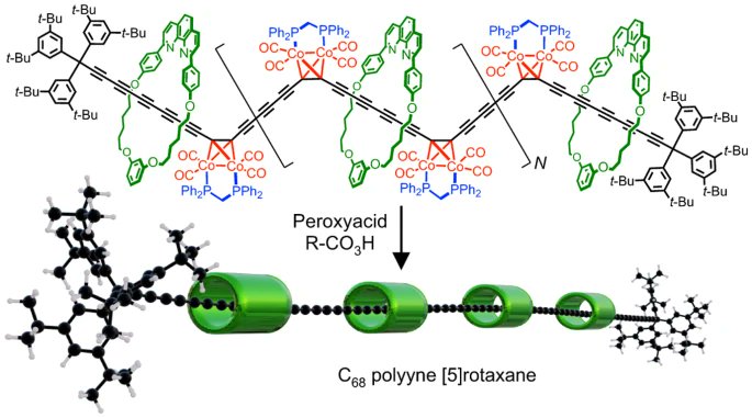 HLAGroupOx's tweet photo. A polyyne rotaxane with 34 C≡C triple bonds (68 C atoms) has been synthesised. The electronic properties of the polyyne converge with predicted properties of carbyne. Now in @NatureChemistry. Congrats to @cpatrickchem @Yueze_Gao @A_Prakhar_Gupta 🎉https://t.co/RwWpfyCVwm https://t.co/ZJI8TitpdU