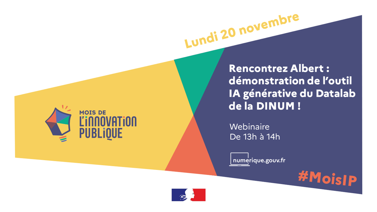 #MoisInnovationPublique | Intelligence artificielle

Assistez à une démonstration interactive d’Albert, le nouvel outil d'IA générative développé par le Datalab <a href="/Etalab/">Etalab</a> de la DINUM !

💻 En ligne
🗓️ Lundi 20 novembre, de 13h à 14h
➡️ eventbrite.com/e/billets-renc…
