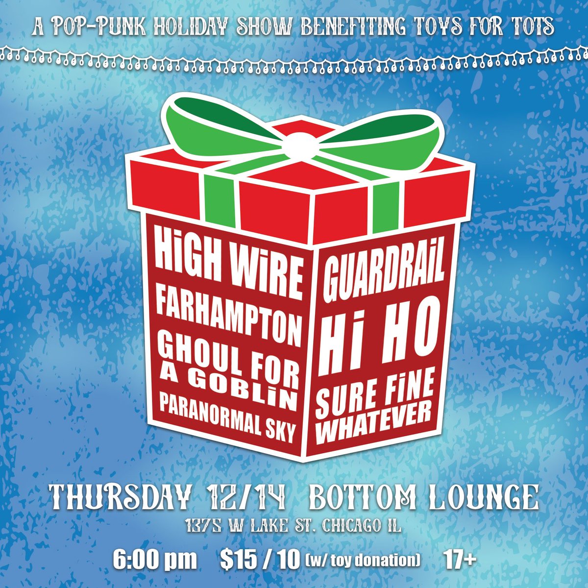 🎁 Ho-ho-holy shit we’re playing another holiday shindig this year at Bottom Lounge. This time we got High Wire, Farhampton, Ghoul For A Goblin, Hi Ho, Paranormal Sky, &amp; Kevin’s new cover band Sure Fine Whatever. Bring a toy for cheaper admission. Let’s party 🎄🎅🏻

#dietpunk