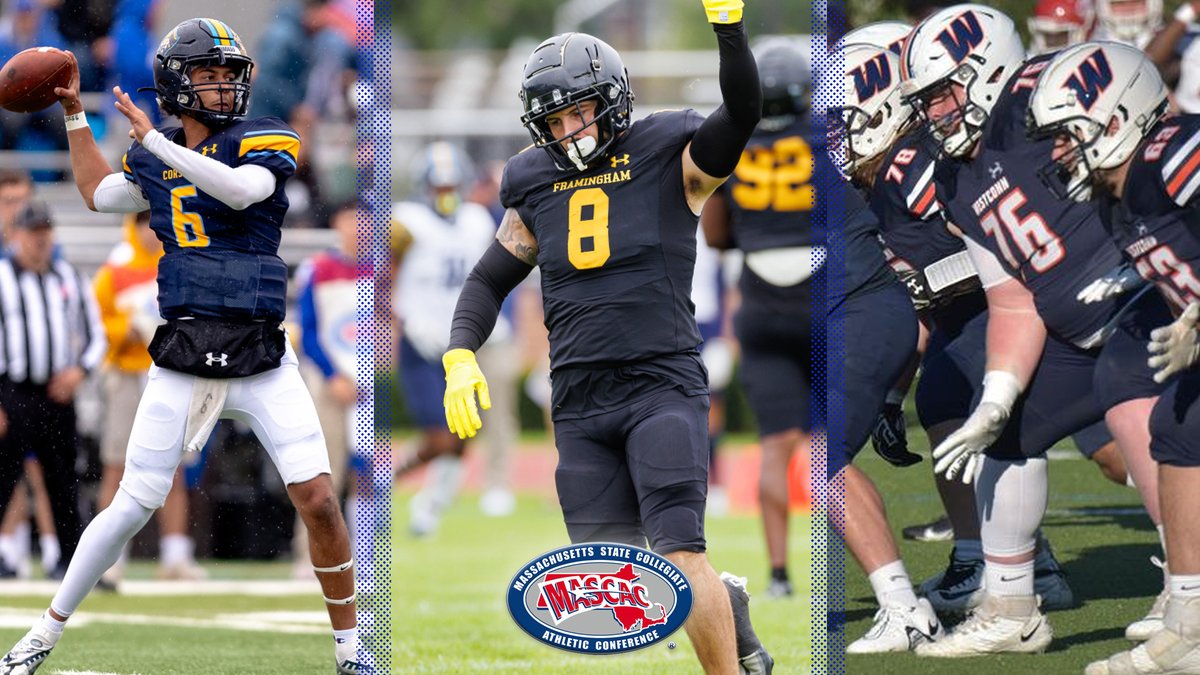 mascacsports's tweet photo. 2023 #MASCAC Football Award Winners
Off. POY- Dante Aviles-Santos of @UMassDAthletics 
Def. POY- Jared Martino of @FSURams 
Off. Lineman- Patrick Adams of @WestConnATH 
Off. ROY- Dae'Shawn Allen of WestConn
Def. ROY- Noah Barrera of UMD
BSN Sports COY- Joe Loth of WestConn
#d3fb https://t.co/LkwRjUH789