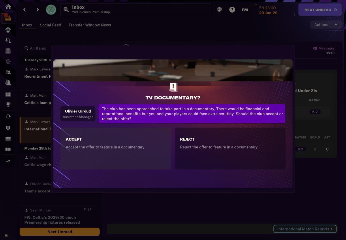 nocontextfm1's tweet image. 🚨 In Football Manager 2024, it is possible to have a film crew make a DOCUMENTARY of your season. 

It can impact player morale but can also benefit your club financially.