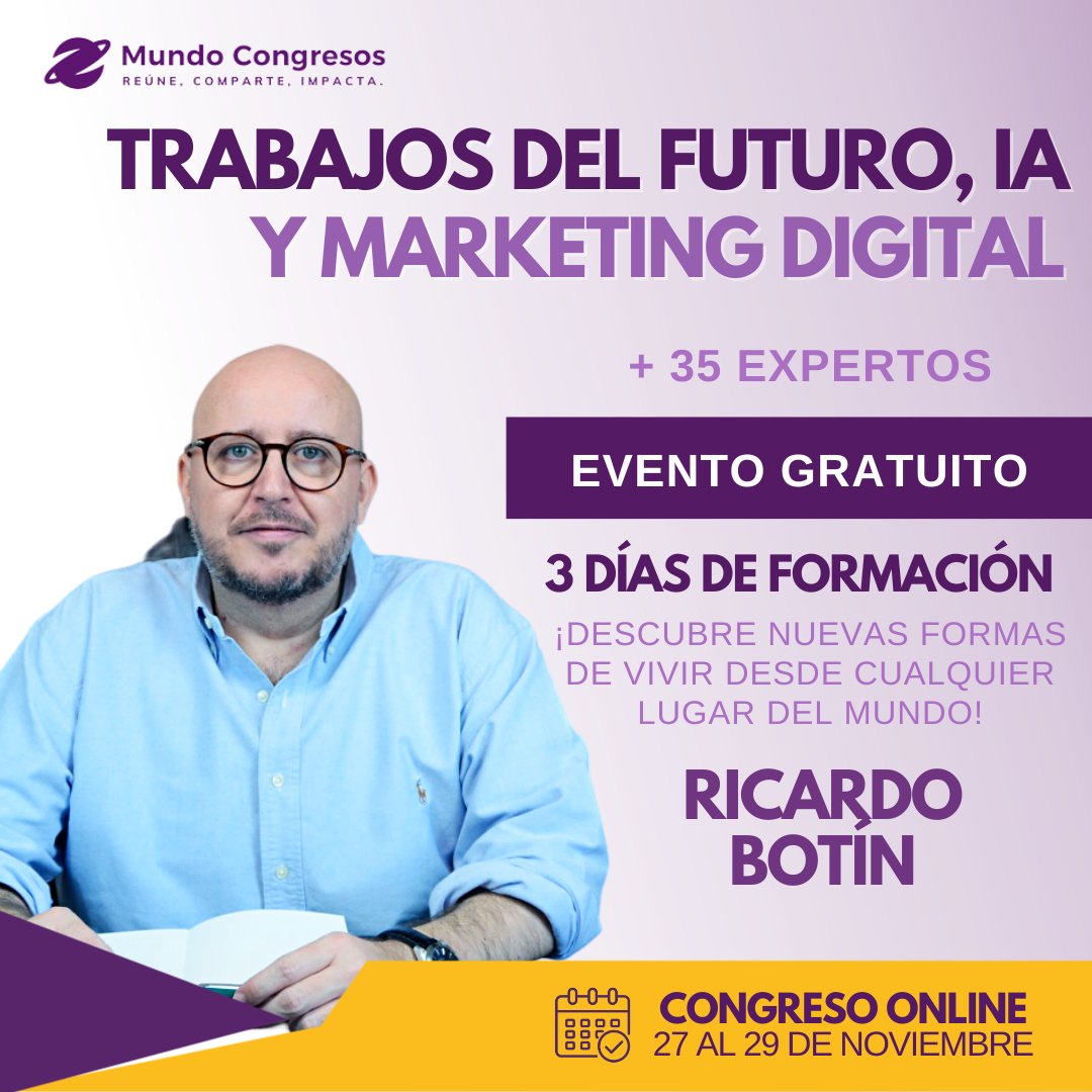 🎙️ ¡La revolución digital comienza mañana! Únete al congreso "Trabajos del Futuro, IA y Marketing Digital". Aprende con los mejores ponentes, descubre tendencias, estrategias y las herramientas esenciales del marketing digital. ¿Te lo vas a perder? 🚀 mundocongresos.com/trabajos-del-f…