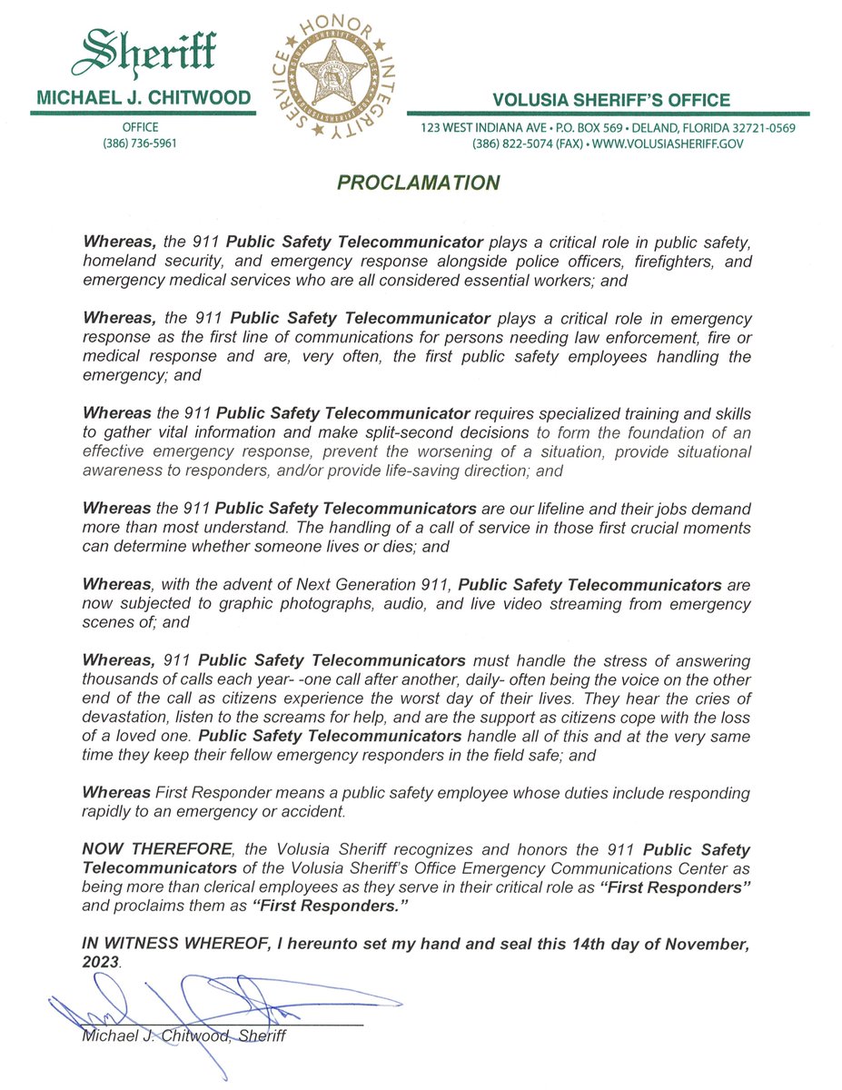 Mike Chitwood (@sheriffchitwood) on Twitter photo Proud to issue this proclamation recognizing that our 911 Public Safety Telecommunicators <a href="/VolusiaSheriff/">Volusia Sheriff</a> are FIRST RESPONDERS, not clerical workers. They deserve the benefits that come with that designation, and I will continue to support legislation to accomplish that goal! Proud to issue this proclamation recognizing that our 911 Public Safety Telecommunicators <a href="/VolusiaSheriff/">Volusia Sheriff</a> are FIRST RESPONDERS, not clerical workers. They deserve the benefits that come with that designation, and I will continue to support legislation to accomplish that goal!