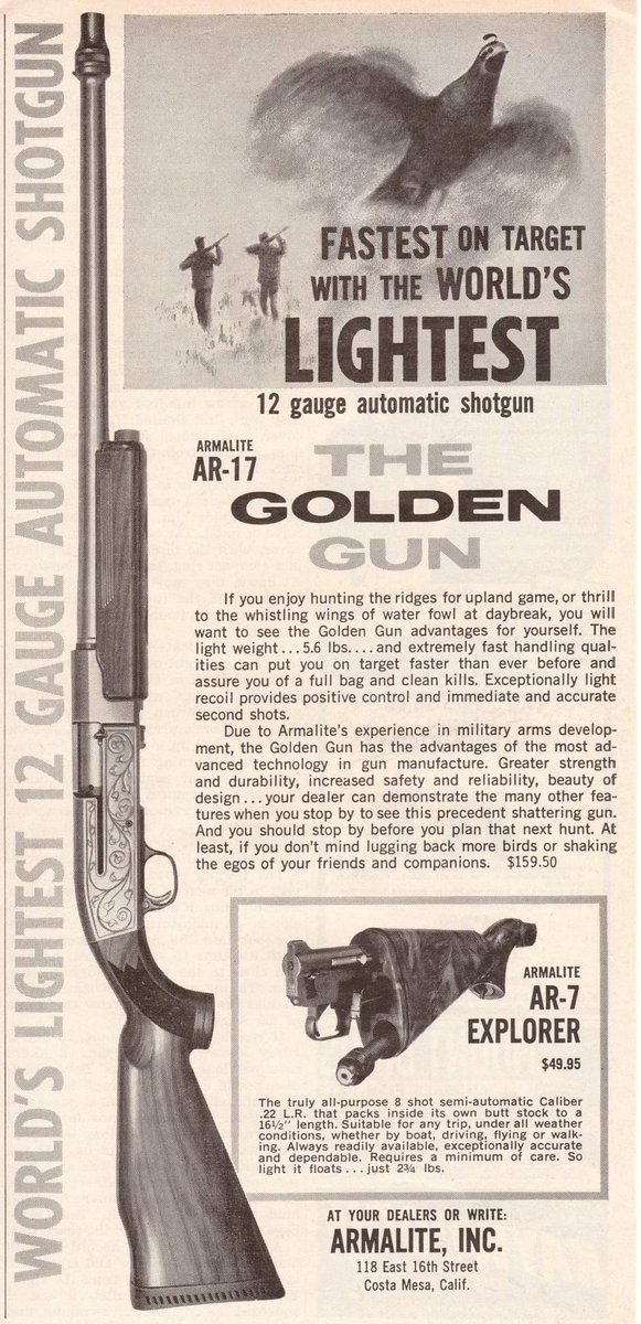 #armalite #ar17 #12guage #automaticshotgun #goldengun #vintageguns #vinagegunads #vintagefirearms #vintageadvert #tbt #throwbackthursday #thegunbulletin