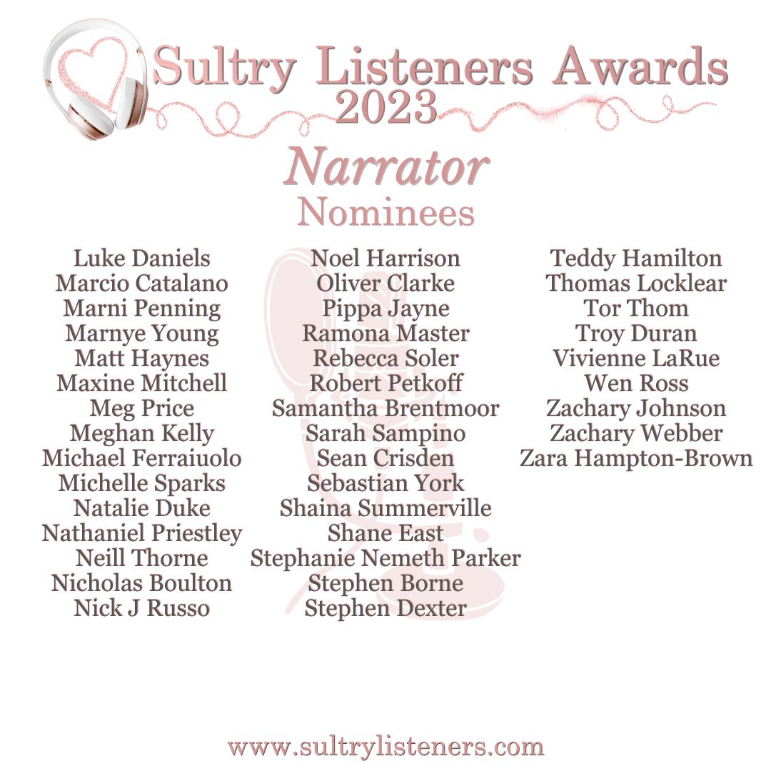 Congratulations to all the nominees in the Narrator category!! We have 84 nominees, many favorites &amp; many soon to be a favorite!

Visit our website for the full list of nominees in wave 3:
bit.ly/SultryListener…

#SultryListenersAwards #Audiobooks #AudiobookAwards #HumanVoices