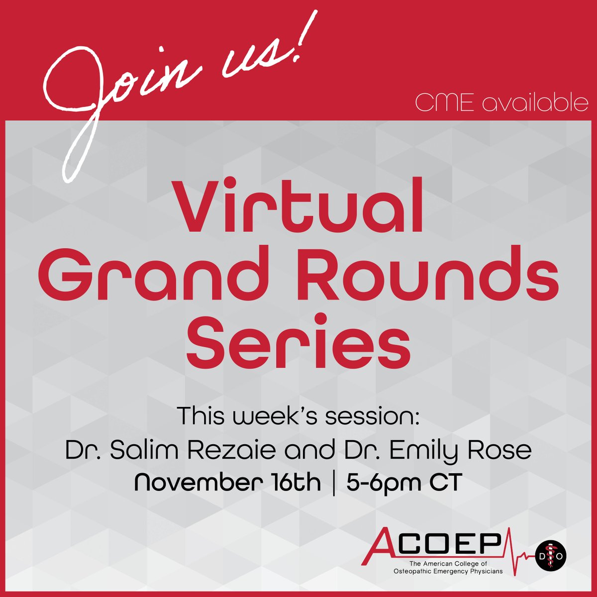 Dr. Salim Reazie and Dr. Emily Rose live on our next Virtual Grand Rounds webinar tonight at 5pm CT. Register before 1pm to get the link to the webinar. We hope you can join us! ow.ly/xjlW50PSzBm