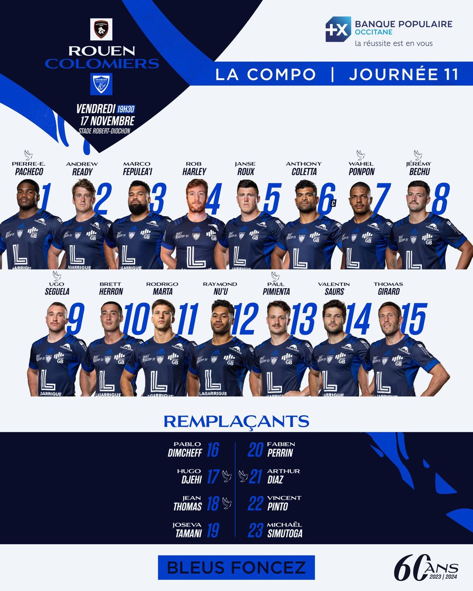 LesCompos's tweet photo. Les compos pour @RouenNdieRugby - @ColomiersRugby !
⏱️ Vendredi, 19h30
🏟️ Stade Robert-Diochon, Rouen
#RNRCR #ProD2 https://t.co/EIV2wLujCm