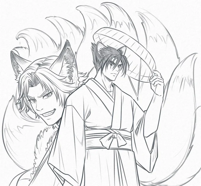 An illustration to plotbunny we had with friends. Tekken AU, where Jin is nekomata (cat demon) and Hwoarang is kumiho (fox demon) #Hwoajin #Hwoarang #JinKazama #花仁 #花郎 #風間仁