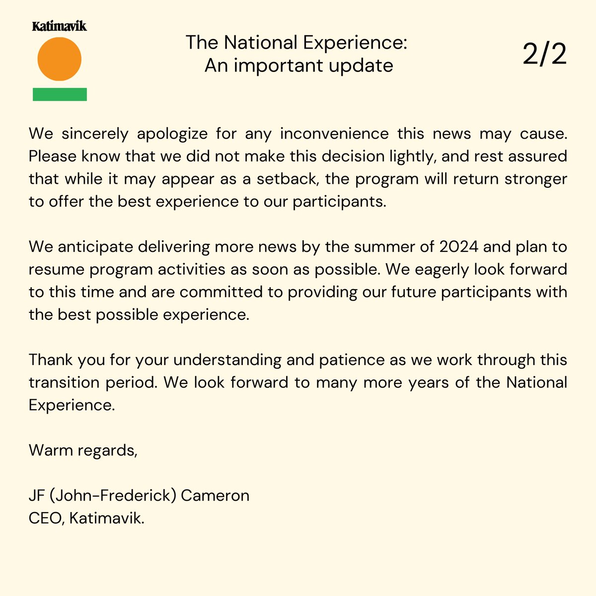 The National Experience: An important update