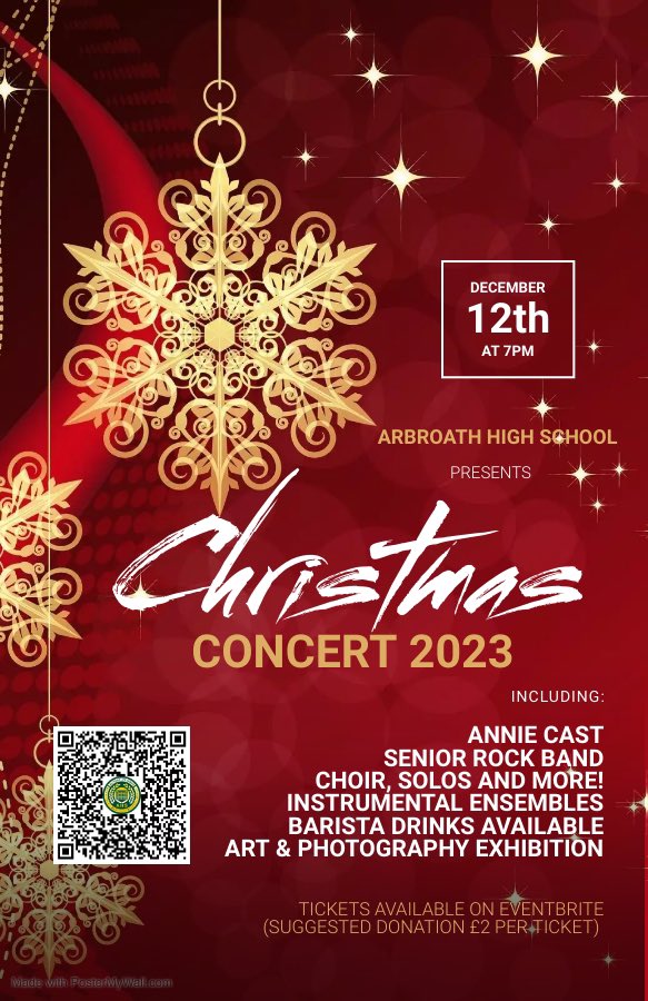 Very excited to announce our <a href="/ArbroathHigh/">Arbroath High School</a> Christmas Concert will be on Tuesday 12th December! Tickets are available on Eventbrite! 😀