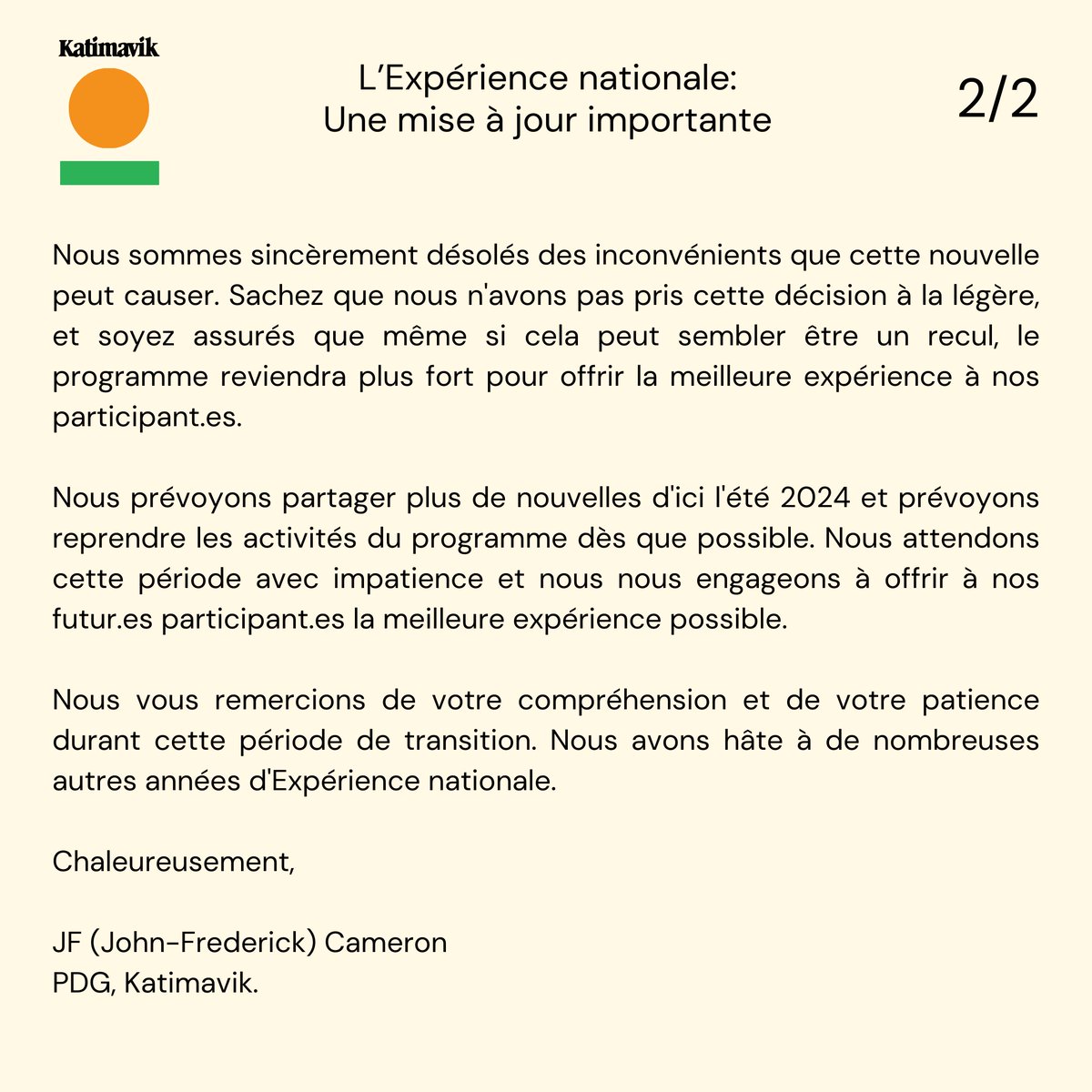 L’Expérience nationale: Une mise à jour importante