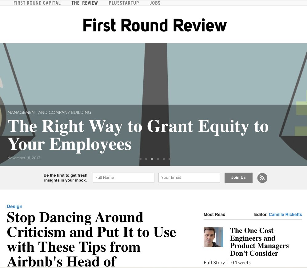 firstround's tweet photo. Today's new article is a big one — because we're marking the 10-year anniversary of The First Round Review. 🍾

To celebrate, we've curated a list of 100 of the best bits of company-building advice we've heard in the last decade. We'll share 10 of our faves here, but check out the piece for the full list (link in the comment):

→ "If you personally want to grow as fast as your company, you have to give away your job every couple months." @molly_g

→ "There are decisions that deserve days of debate and analysis, but the vast majority aren’t worth more than 10 minutes. It's important to internalize how irreversible, fatal or non-fatal a decision may be. Very few can't be undone." @davegirouard

→ "Can you say with confidence that each report would want to be on your team again? If you aren’t sure that the answer is yes, it’s probably no—much like how if you have to ask, “Am I in love?” you’re probably not." @joulee

→ "It sounds so simple to say that bosses need to tell employees when they're screwing up. But it very rarely happens. Picture a basic graph divided into four quadrants. If the vertical axis is caring personally and the horizontal axis is challenging directly, you want your feedback to fall in the upper right-hand quadrant." @kimballscott

→ "Your customers or patrons make sweeping judgments when first interacting with your creation. The first mile of your customer’s experience using your product cannot be the last mile of your experience building the product." @scottbelsky

→ "Sharing the good, the bad and the ugly in your company and investor updates provides accountability and is a forcing function. If you see numbers that are less than great, you’ll be tempted to make an excuse, point to another bright spot, or hold off on sharing until things improve. But you can’t afford to do that." @collinmathilde

→ "Delighting the customer always yields better returns than countering or copying a competitor. It’s just a lot harder to do." @arachleff

→ "Whatever the idea is, blow it out of proportion and see where that takes you. Come back to me when you've thought about that times 100. Create an environment where people can see a glimmer of something and basically throw dynamite on it." @jgebbia

→ "The longer someone works for you, the harder it is to change their behavior. The longer you don't deal with something, the less likely you can fix it." @rands

→ "A lot of people say they want to found a startup, but they don’t know what they want to do. You can’t force it. But you can be thoughtful about building an audience while you’re waiting for the right idea. If you want people to listen to you eventually, you have to build trust over time." @rrhoover

Tons more from @drewhouston, @stewart, @lennysan, @natsturner, @pattymccord1, @alexisohanian, @DavidSpinks, @dcancel, @fosslien, @EstherPerel, and too many others to name here.

P.S. Here's what The Review homepage looked like circa 2013 👀