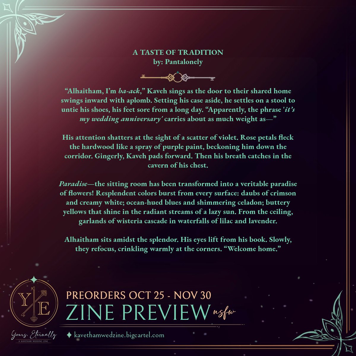 Pantalonely_'s tweet photo. Preview of my piece for the @Kavethamwedzine 💜

In which Kaveh and Alhaitham celebrate four years of wedded bliss with a taste of their own traditions.

Preorders close on November 30th. Don't miss the gorgeous and heartwarming #kavetham works in this wedding-themed zine! 

🔗⬇️ https://t.co/JUd6hcgMGc