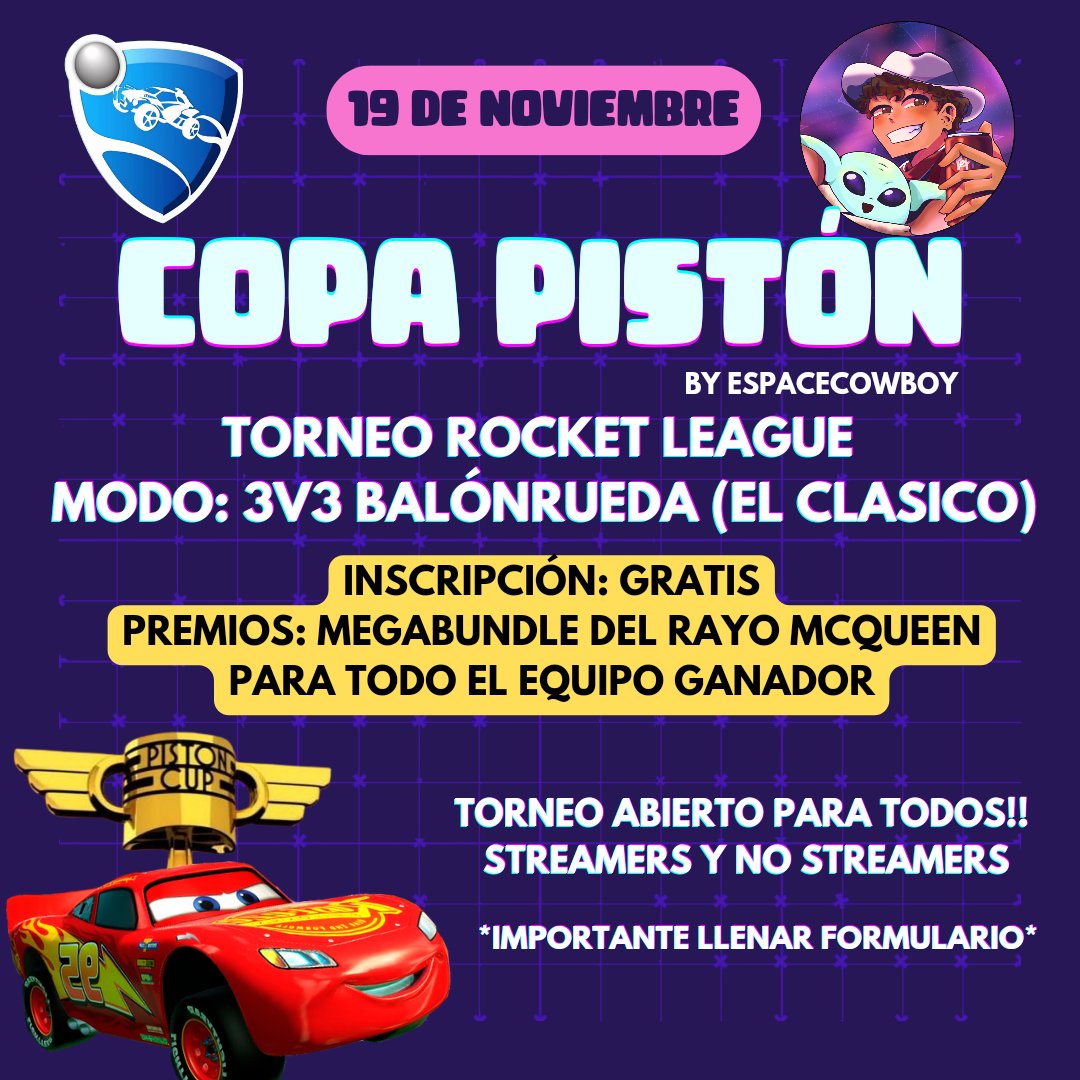 eSpaceCowboy_'s tweet photo. COPA PISTÓN ALVVVV
TODOS ESTÁN INVITADOS A MI PRIMER TORNEO DE ROCKET, TORNEO CON UN PREMIO BIEN PASADO DE VERGAAAAA
Torneo de Rocket league 3v3, los que ganen se lleva un megabundle del rayo mcqueen (uno para cada uno)
Jalense alvvv
Será el 19 de este mes a la 1 PM hora cdmx https://t.co/oxGB8IWmve