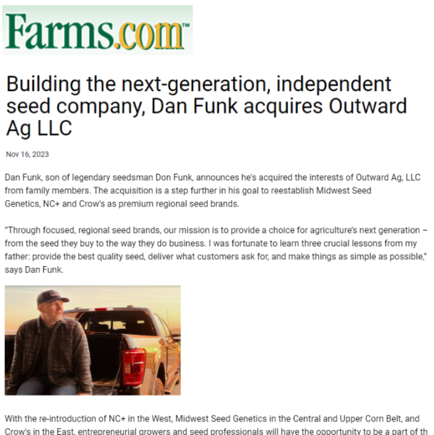 from
<a href="/FarmsNews/">Farms.com U.S. Ag News</a>:  Building the next-generation, independent seed company, Dan Funk acquires Outward Ag LLC | Farms.com farms.com/news/building-…… via AgPR.com | <a href="/agnewscenter/">agnewscenter AgPR</a> #seedinnovation #independent #seedindustry #agtech #agriculture #entrepreneur