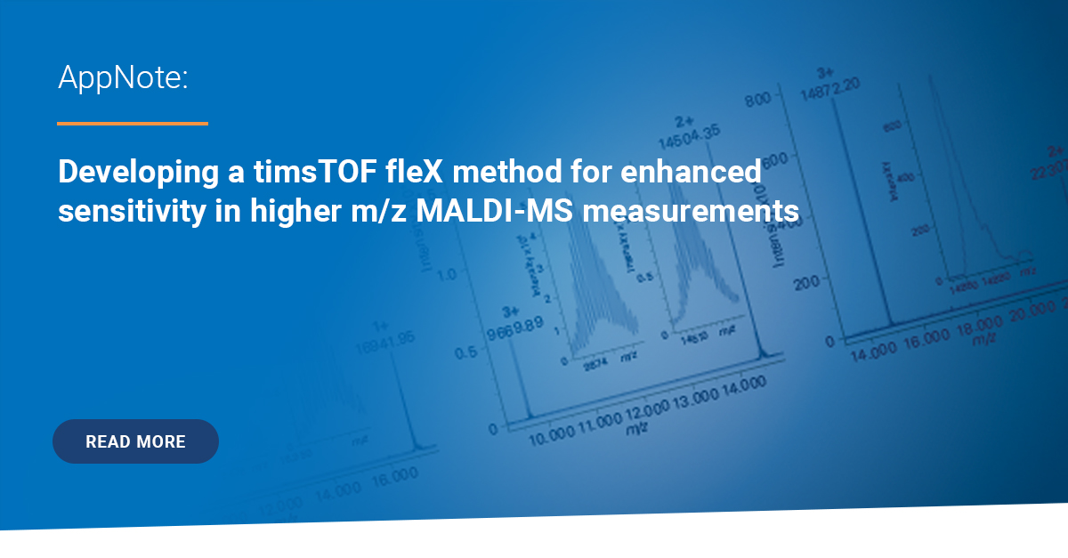 Increase the sensitivity of the #timsTOF fleX instrument in high m/z MALDI-MS mode by changing just a few parameter settings. Read more about this and how it enhances mass analysis of #proteins, #oligonucleotides and other biologics: goto.bruker.com/47DFprl #massspec #MALDI