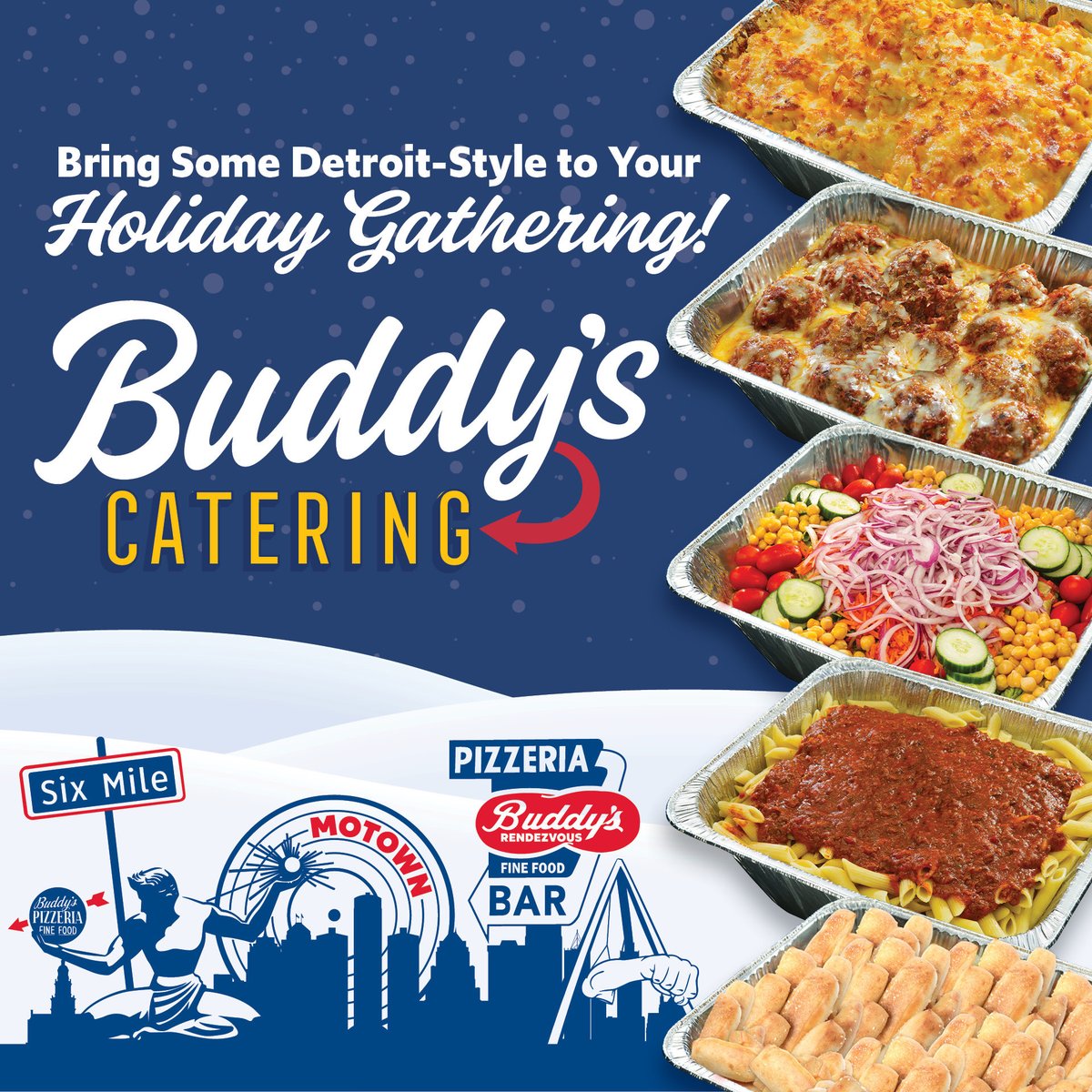 Let Buddy's cater your holiday event! Our catering menu has options for everyone to enjoy, visit our website at catering.buddyspizza.com #BuddysPizza #Detroit #HolidaySeason #Pizza