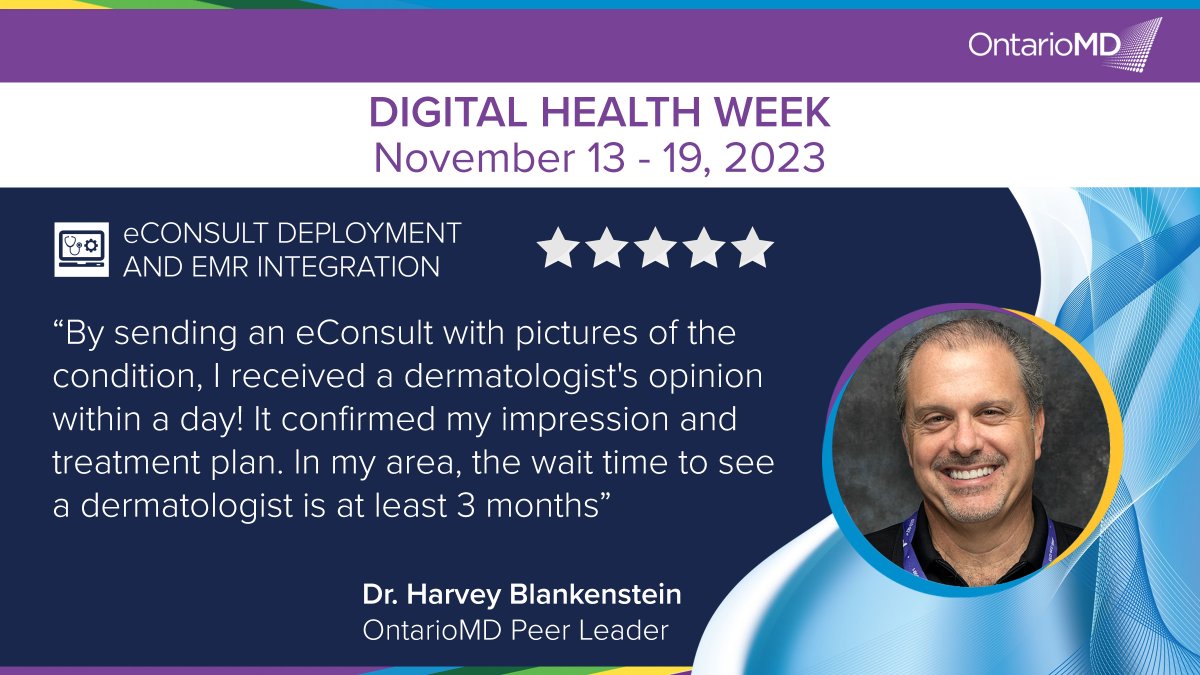OntarioEMRs's tweet photo. Dr. Harvey Blankenstein highlights the efficiency of eConsult to bypass long wait times! #thinkdigitalhealth #digitalhealthweek @infoway @eConsultBASE https://t.co/13BRXCuRxb
