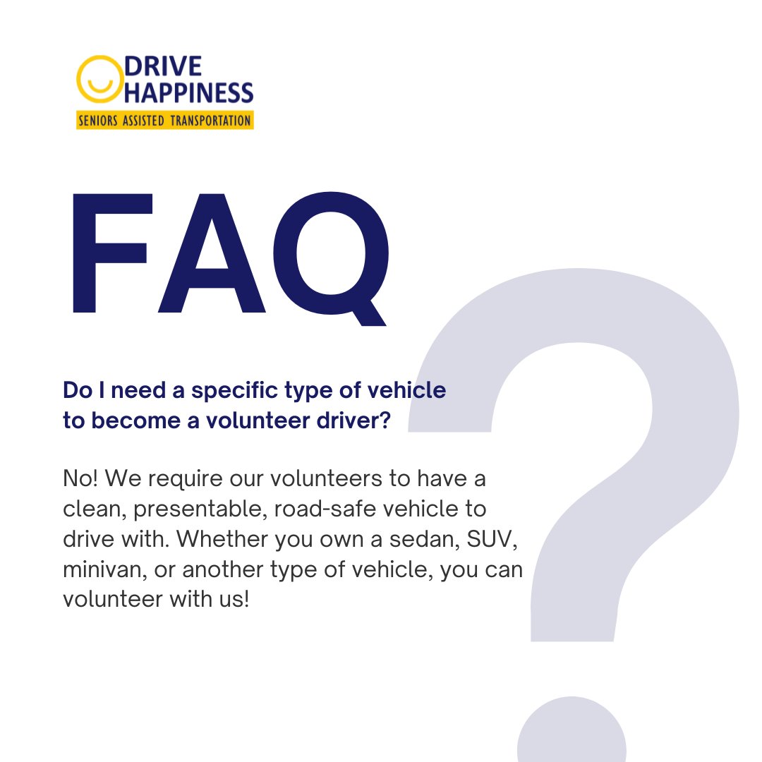 Curious about volunteering with us? Check out our latest post where we address a frequently asked question about vehicle type and the volunteer opportunity!

To apply and learn more about us, visit our website at drivehappiness.ca or reach out to us directly at 780-424-5438