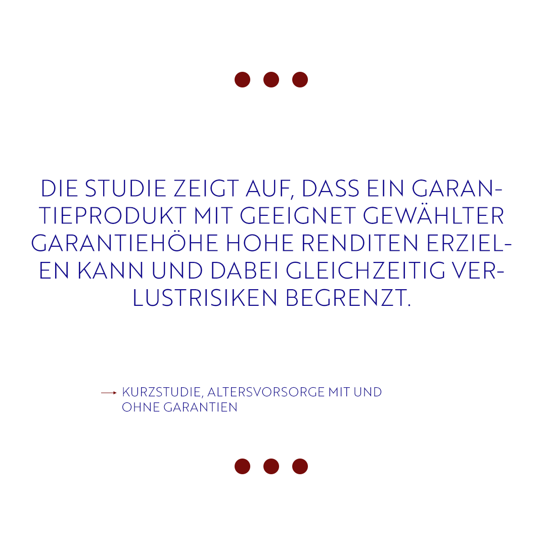 Renditewahrscheinlichkeiten und Garantien sind zentrale Punkte einer Altersvorsorge. Für den <a href="/gdv_de/">GDV</a> haben wir eine Kurzstudie erstellt, um Produktkonzepte mit und ohne Garantie hinsichtlich Chancen &amp; Risiken zu vergleichen.
Alle Ergebnisse beim GDV: eu1.hubs.ly/H06ftZ70