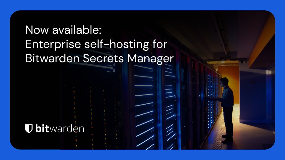Bitwarden's tweet image. Secrets Manager self-hosting is here! Built for enterprises looking to gain further control of their #secretsmanagement environment and data. Learn more about self-hosting in this article:  btwrdn.com/3QDPLRu