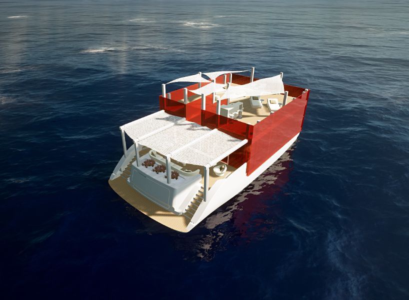 designboom's tweet image. red glass #house built on top of an aluminum #catamaran makes up the floating ‘cube houseboat’

read more about the project below 🛶