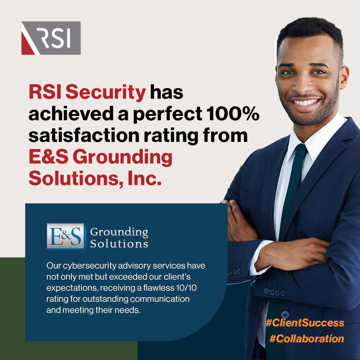 RSI Security earns a flawless 100% satisfaction rating from E&S Grounding Solutions, Inc. Our #Cybersecurity team's dedication to excellence shines through with a perfect 10/10 rating in communication and meeting our client's needs. Thank you for your trust! #RSISecurity