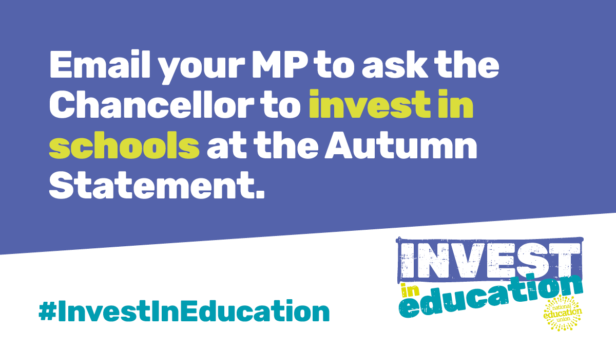 NEUnion's tweet photo. New School Cuts figures show an alarming 18,484 (92%) of schools, both primary and secondary, will be unable to cope with cost increases in 2024/25 without making cuts to education provision.

Our schools desperately need more funding and staff desperately need a decent pay rise.

You can help by emailing your MP and asking them to tell the Government to #InvestInEducation at next week’s Autumn Statement 👉https://t.co/ZT60AHpV7Q

#SchoolCuts