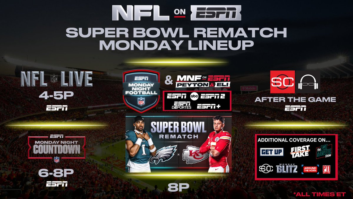 🗣️#SBLVII Rematch‼️

ESPN boosts #MNF coverage for marquee game

🏈Added cameras & visuals for enhanced viewing
🏈NFL Live, Monday Night Countdown live from @GEHAField
🏈Features, interviews & soundtracks spotlighting #ChiefsKingdom & #FlyEaglesFly

🔗bit.ly/47xBTPp