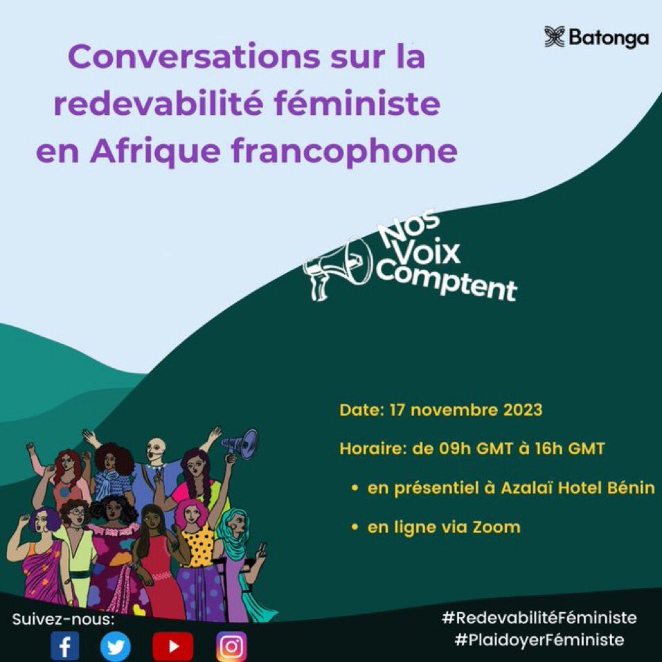 Nos Voix Comptent vous invite aux 'Conversations sur la Redevabilité Féministe' 
Le porte-voix des filles et femmes d'Afrique

Inscription:
bit.ly/Inscription_Co…  

#RedevabilitéFéministe  #GlobalFundforWomen  #FoundationforaJustSociety  #ONUFemmes