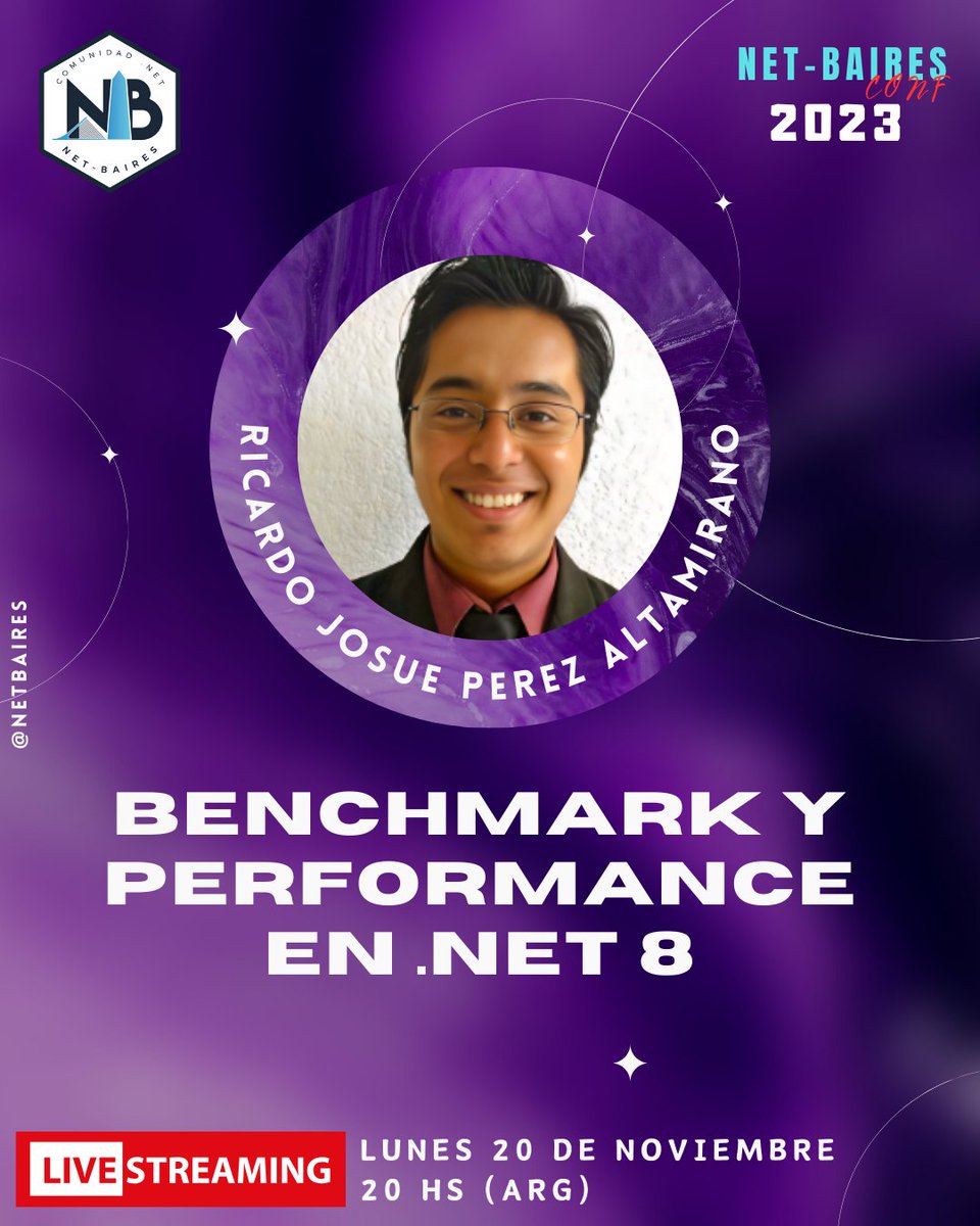 ¿Querés saber cómo .NET 8 mejora a nivel de performance? <a href="/RicardoJosue04/">Ricardo Josue Perez Altamirano</a> nos lo va a contar el próximo lunes en la .NET Baires conf 2023

#dotnet #netbairesconf2023 #DotNet8