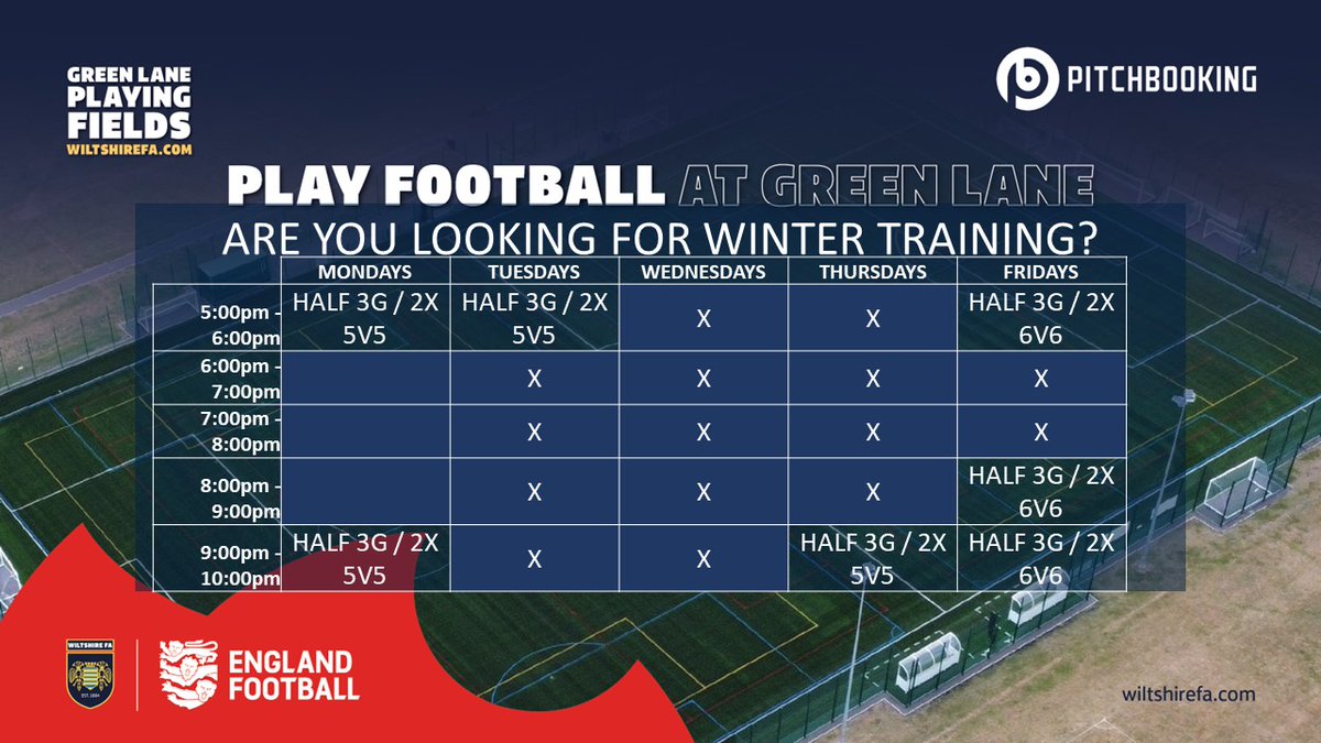 LOOKING FOR WINTER TRAINING? We have limited availability on our 3G this winter for weekly bookings, starting as early as next week! Prices from £40.00 per quarter (5v5) per hour. To book email GreenLane@WiltshireFA.com or visit Pitchbooking.com/partners/wilts…