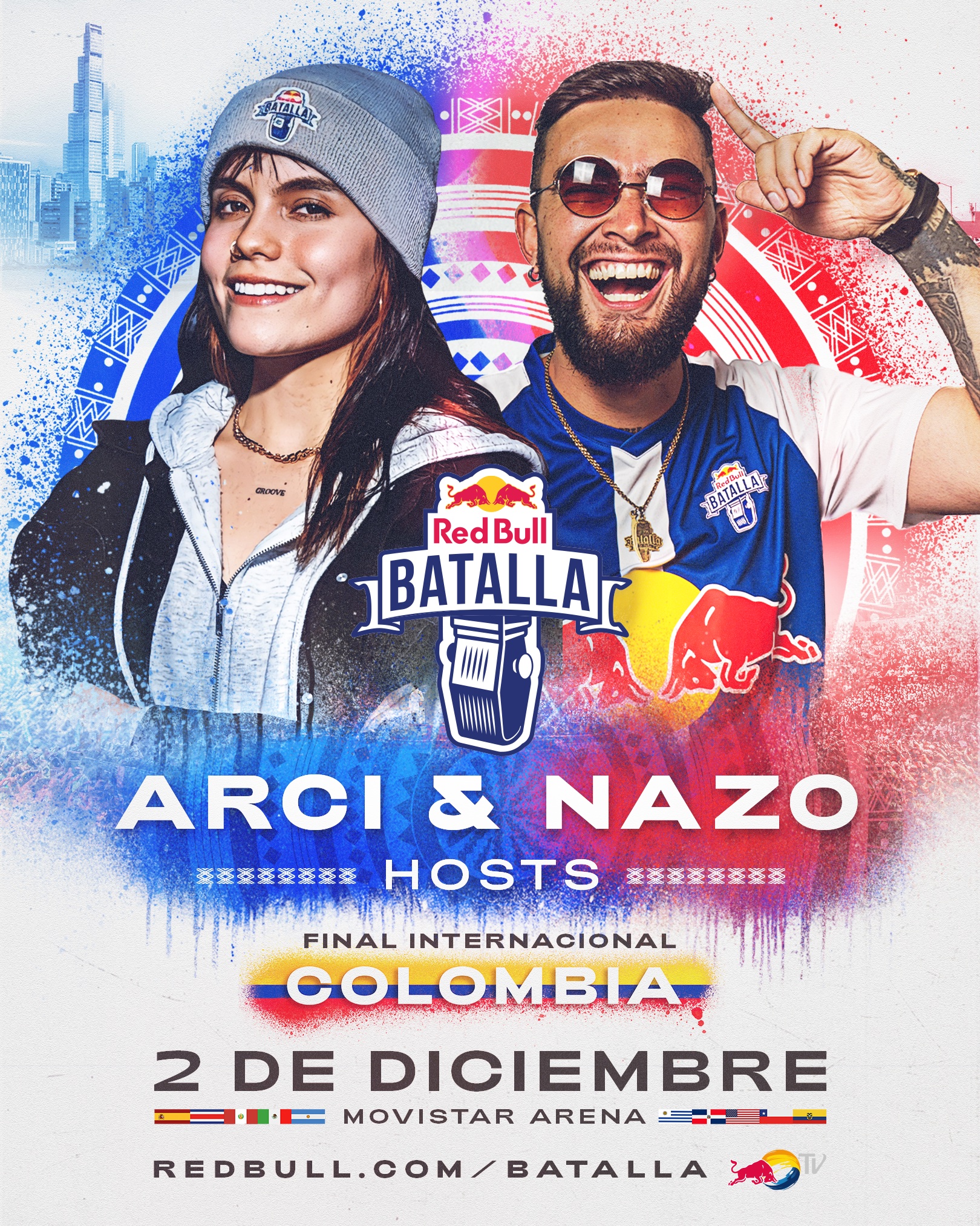 Nazo y Arci serán los conductores de La Final Internacional de #RedBullBatalla Colombia 2023 que se realizará este 2 de diciembre en la Movistar Arena de Bogotá. 