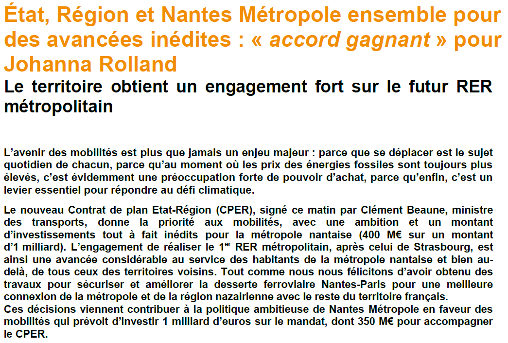 Notre bassin de #mobilité enfin considéré ! Le projet de #RER comme l'amélioration de la desserte ferroviaire pour une meilleure connexion de <a href="/NantesMetropole/">Nantes Métropole</a> et de <a href="/VilleStNazaire/">Saint-Nazaire</a> avec le reste du territoire national est une bonne nouvelle pour toutes les intercos <a href="/PolemetroNSN/">Nantes Saint-Nazaire Pôle Métropolitain</a>.