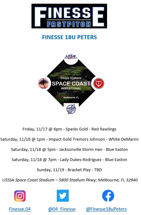 Final tournament of the Fall for <a href="/donnysoftball/">Donny Dreher</a>’s &amp; <a href="/DaveBetcher1/">Dave Betcher</a>’s #SpaceCoastInvitational at the <a href="/usssaspacecoast/">USSSA Space Coast</a> complex.  Excited to have the whole team together for the first time this Fall!! <a href="/FinesseOrg/">Finesse Fastpitch</a>
