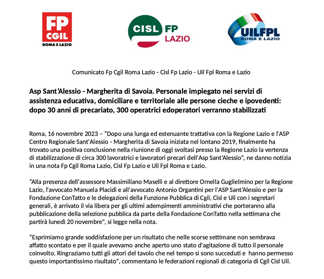 cisl_fplazio's tweet photo. ❗🔴🟢🔵@aspsantalessio. #Personale impiegato nei servizi di @assistenza educativa, domiciliare e territoriale alle persone cieche e ipovedenti: dopo 30 anni di #precariato, 300 #operatrici e #operatori verranno stabilizzati

#ilmiolavorovale https://t.co/1F74fg4IXU