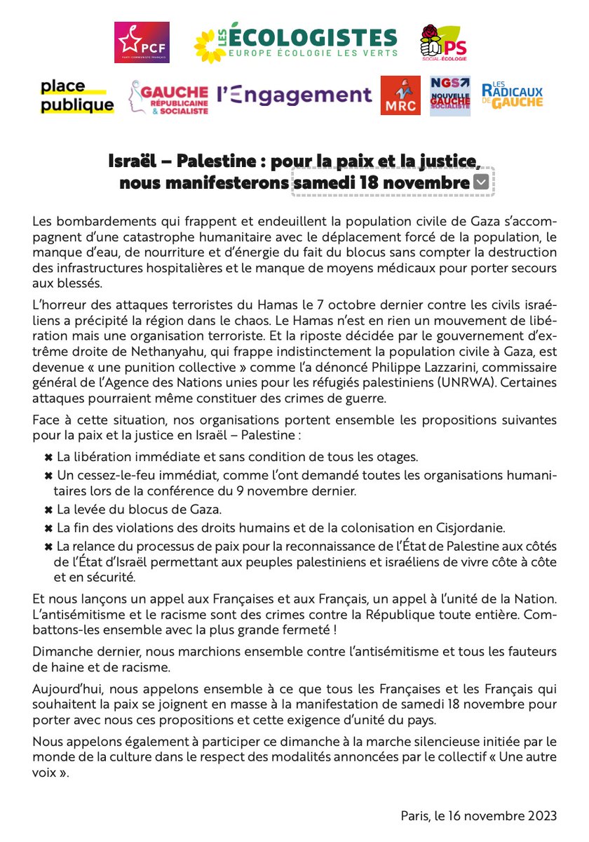 🚨 Urgence pour la population civile de Gaza.

Samedi 18, nous défilerons unis, mobilisés pour la paix et la justice en Israël-Palestine.

▶️Libération des otages
▶️Cessez-le-feu
▶️Levée du blocus
▶️Fin de la colonisation
▶️Relance du processus de paix.

pcf.fr/israel_palesti…