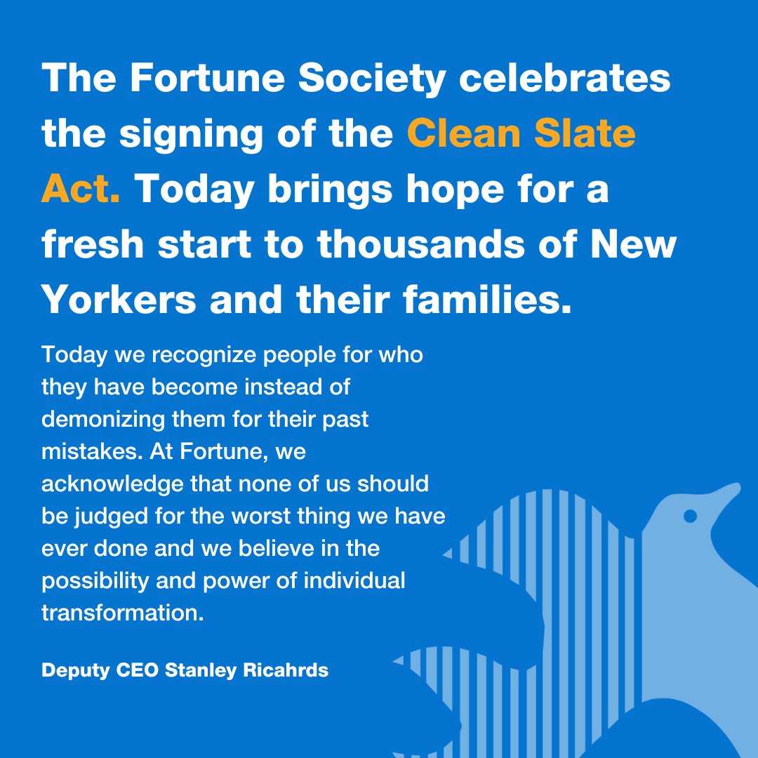 Today we celebrate a historic victory in New York! 🎉 #CleanSlateNY has been signed into law by @GovKathyHochul, bringing a fresh start to New Yorkers who have faced perpetual punishment due to their conviction records. Read our full statement now: fortunesociety.org/media_center/s…