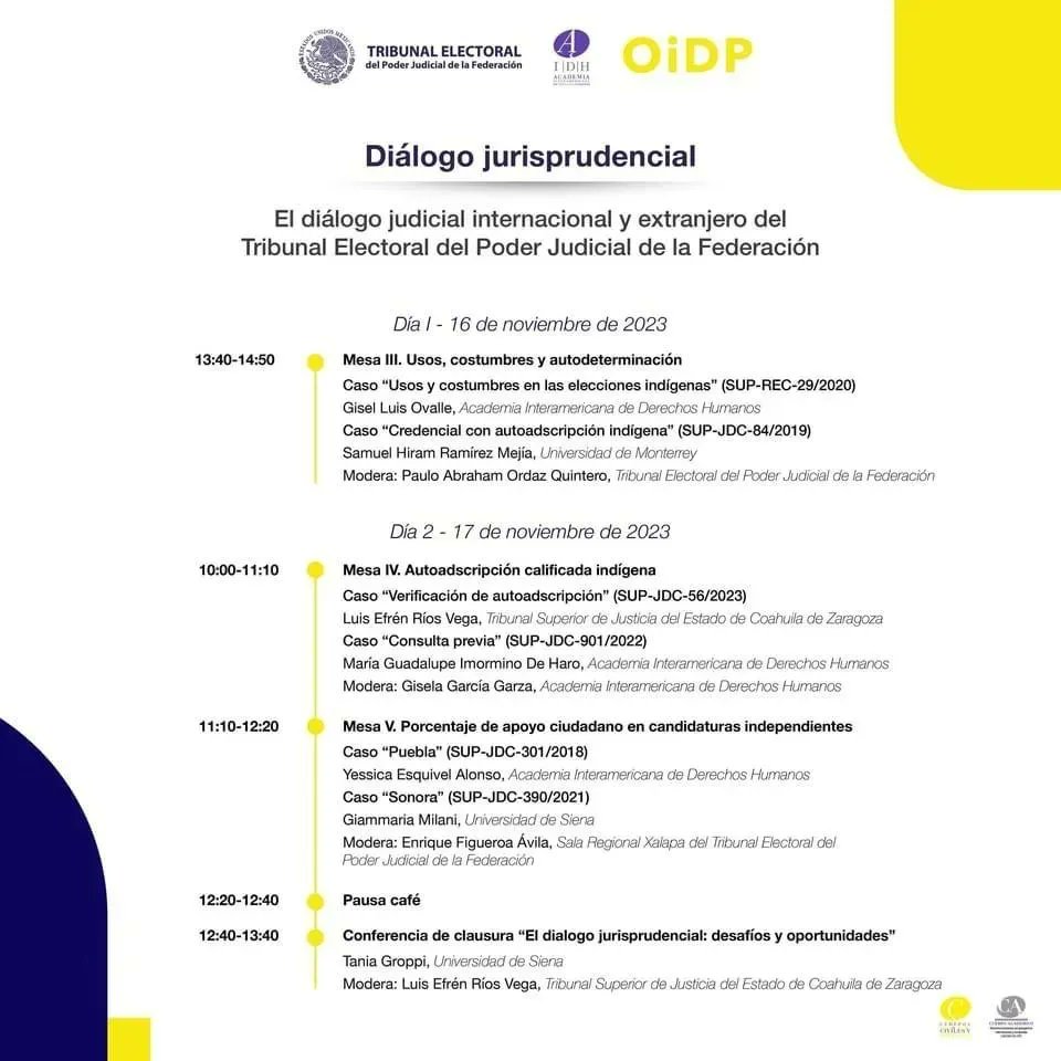 Tania Groppi e Giammaria Milani sono impegnati oggi e domani all'Academia Interamericana de Derechos Humanos (Saltillo-Messico) per partecipare all'incontro "El diálogo judicial internacional y extranjero del Tribunal Electoral del Poder Judicial de la Federación"