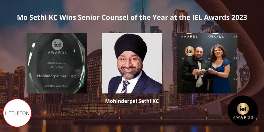 Littleton is proud to announce that <a href="/MoSethiKC/">Mohinderpal Sethi K.C.</a> has won Senior Counsel of the Year at the International Employment Lawyer Awards 2023.

littletonchambers.com/mo-sethi-kc-wi…

#iel #internationallaw #employmentlaw #internationalarbitration #DIFC #DIAC #DAW #ADGM