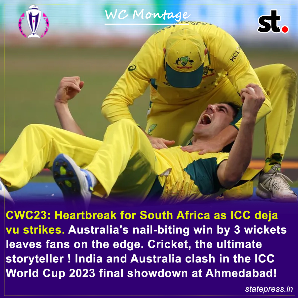 statepress_in's tweet image. CWC23: Heartbreak for South Africa as ICC deja 
vu strikes. Australia's nail-biting win by 3 wickets 
leaves fans on the edge. Cricket, the ultimate 
storyteller ! India and Australia clash in the ICC 
World Cup 2023 final showdown at Ahmedabad!  

   #AUSvsSA #CWC23 #StatePress