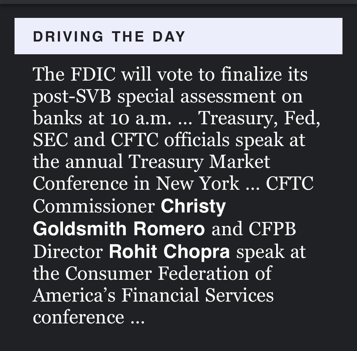 I’ll send out my speech soon on Financial Stability as Foundational to Customer Protection