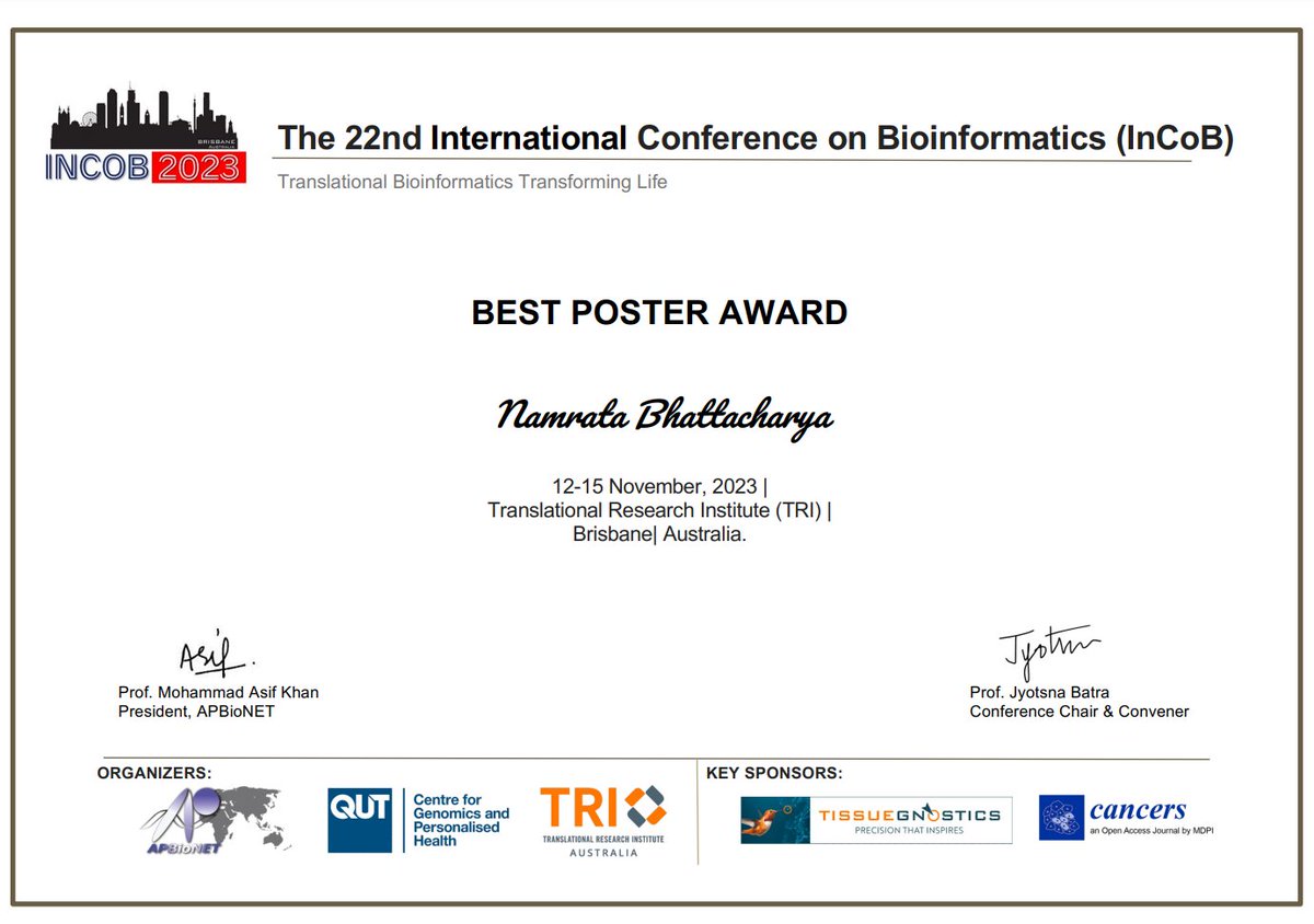 Debarka Sengupta (@lab_sengupta) on Twitter photo Our Cell Algebra work (biorxiv.org/content/10.110…), spearheaded by <a href="/NamrataMunia/">Namrata Bhattacharya</a> won the Best Poster title at @incob23. Great feat by <a href="/NamrataMunia/">Namrata Bhattacharya</a>! Our Cell Algebra work (biorxiv.org/content/10.110…), spearheaded by <a href="/NamrataMunia/">Namrata Bhattacharya</a> won the Best Poster title at @incob23. Great feat by <a href="/NamrataMunia/">Namrata Bhattacharya</a>!