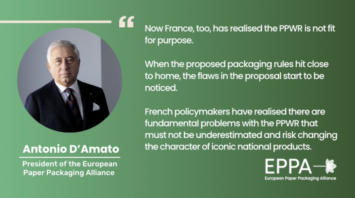 1/ France is becoming increasingly concerned about the risks of an excessively ideological #PPWR, and rightfully so! See below what Antonio D’Amato, EPPA’s President, has to say. 👇 eppa-eu.org/cheesepackagin…