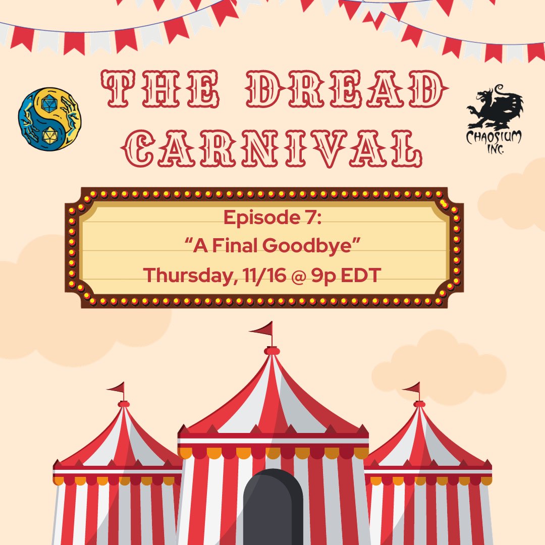 The sands of time have almost run out. Paper and pens on the table. Decisions to be made. Who will say hello, and who will say goodbye? Tune in tonight for the final episode of The Dread Carnival on twitch.tv/fivepercentcha… at 9pm EST to see who makes it out! #ttrpg #callofcthulhu