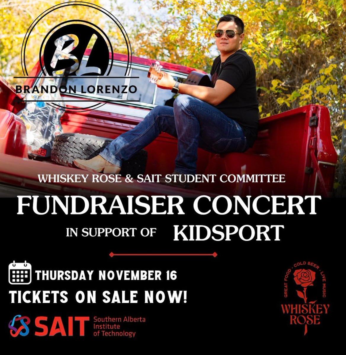 Check out Brandon Lorenzo TONIGHT at Whiskey Rose 🎶 Tickets are $10, doors open at 7PM with the concert starting at 8PM.

Thanks to the @SAIT Student Committee for creating this event. Together, we can get more kiddos into the game!

#SoAllKidsCanPlay #YYCMusic #YYCEvents