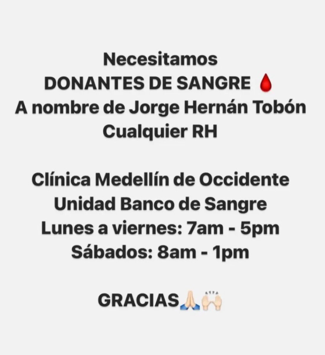 IsaTobon's tweet photo. Mi papá fue sometido a una cirugía muy grande y necesitamos reponer las unidades de sangre 🩸 que han sido utilizadas para el procedimiento. Cualquier RH es bienvenido para donación de plaquetas pero si son RH O- , muchos mejor. Esto es en Medellín. GRACIAS🙏🏻 https://t.co/M6c24Wvpni