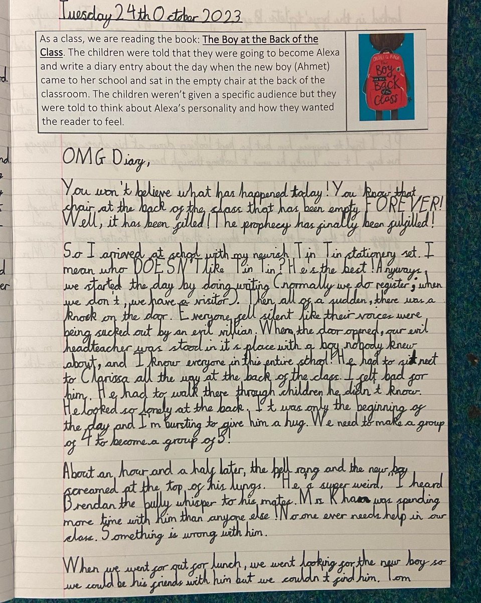 jodstan88's tweet photo. Purpose: to write two diary entries. 

1st one: as Ahmet on his first day at school. 

2nd one: as Alexa when it’s Ahmet’s first day at school. @OnjaliRauf 

As a class, we absolutely loved this book. #refugee #learning #bekind #theboyatthebackoftheclass https://t.co/jeF8jV9Ijc