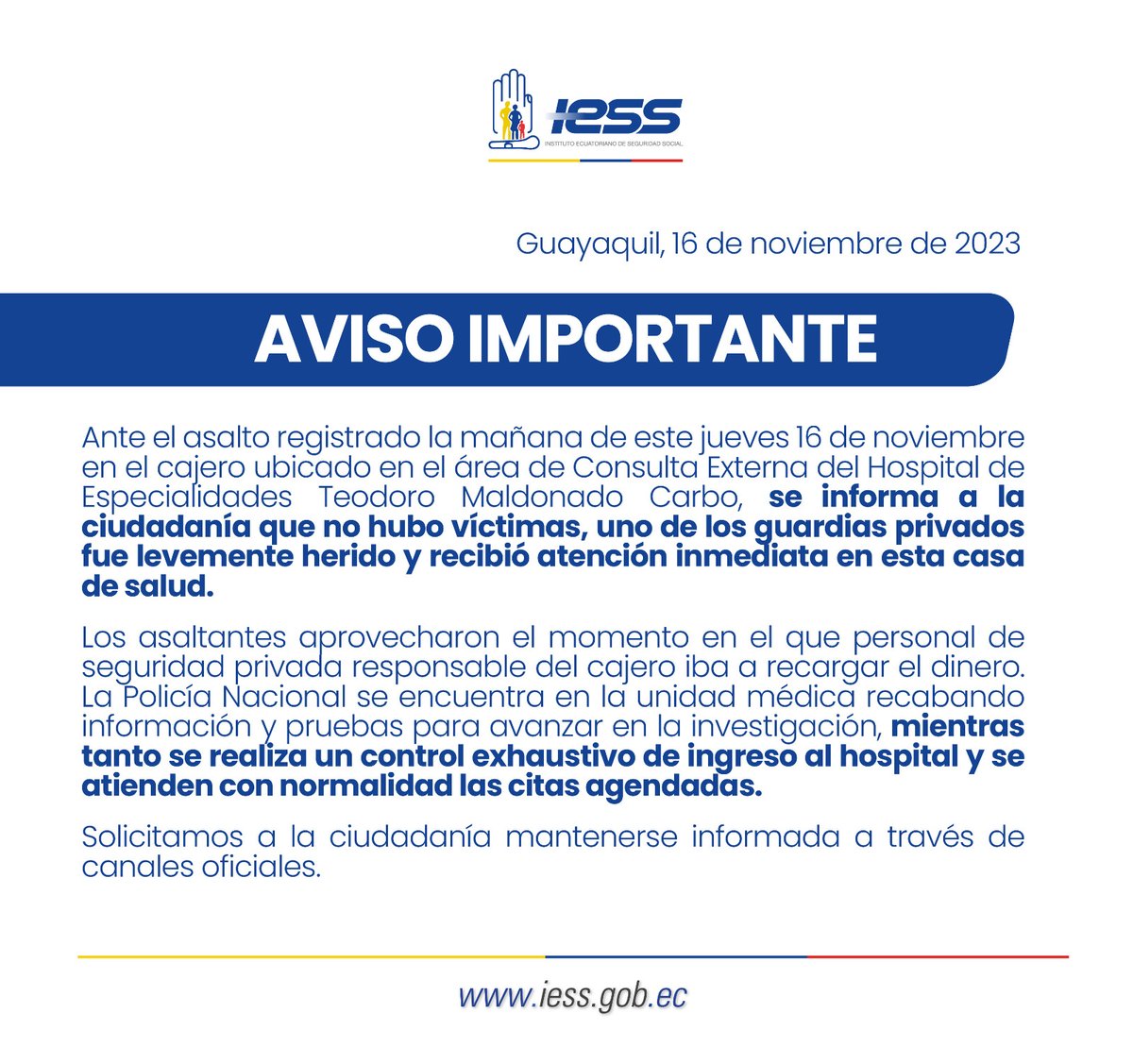 IESSec's tweet photo. 📣 #IESSteInforma | Ante el intento de asalto que se registró hoy en el Hospital @HtmcIess informamos⬇️ https://t.co/yA7A2sGqFp